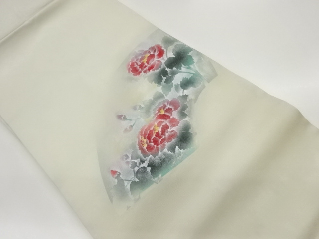 作家物　塩瀬金銀彩地紙に牡丹模様名古屋帯